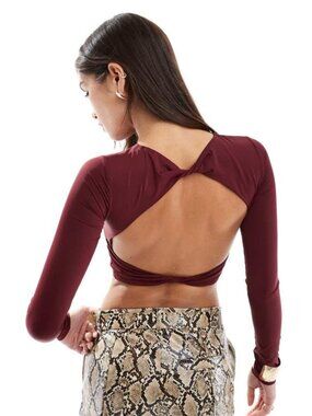 Pull&Bear polyamide sculpt twist back detail top in burgundy